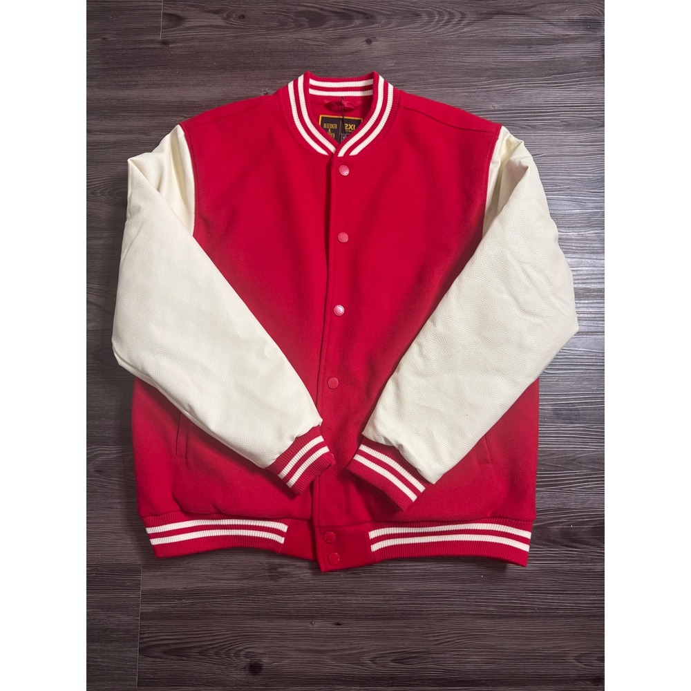 Bleecker & Mercer Mens 2XL Varsity Jacket Red Cream Faux Leather Letterman New